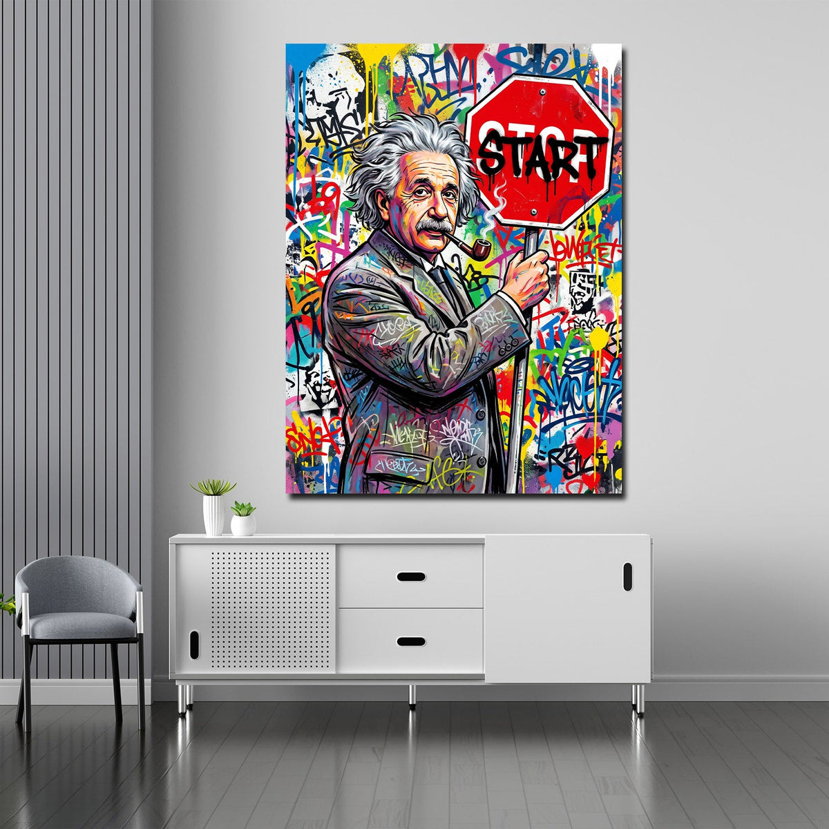 Einstein Start Schild Graffiti Wandbild an der Wand im Raum