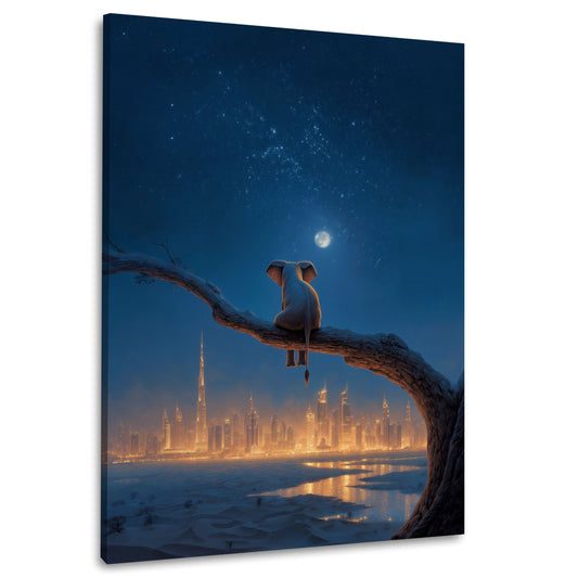 Elefant auf Ast blickt auf Dubai Skyline bei Nacht Wandbild
