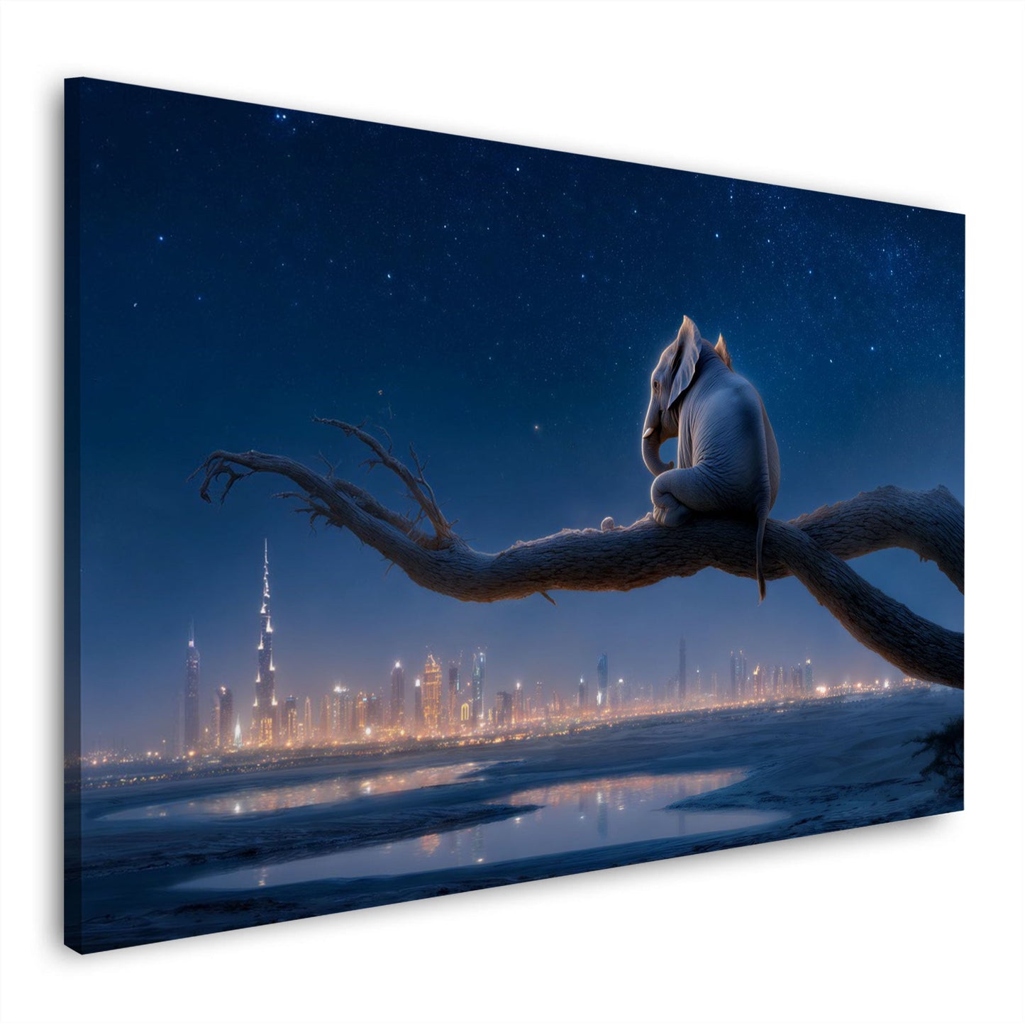 Elefant auf Ast blickt ueber leuchtende Skyline Wandbild
