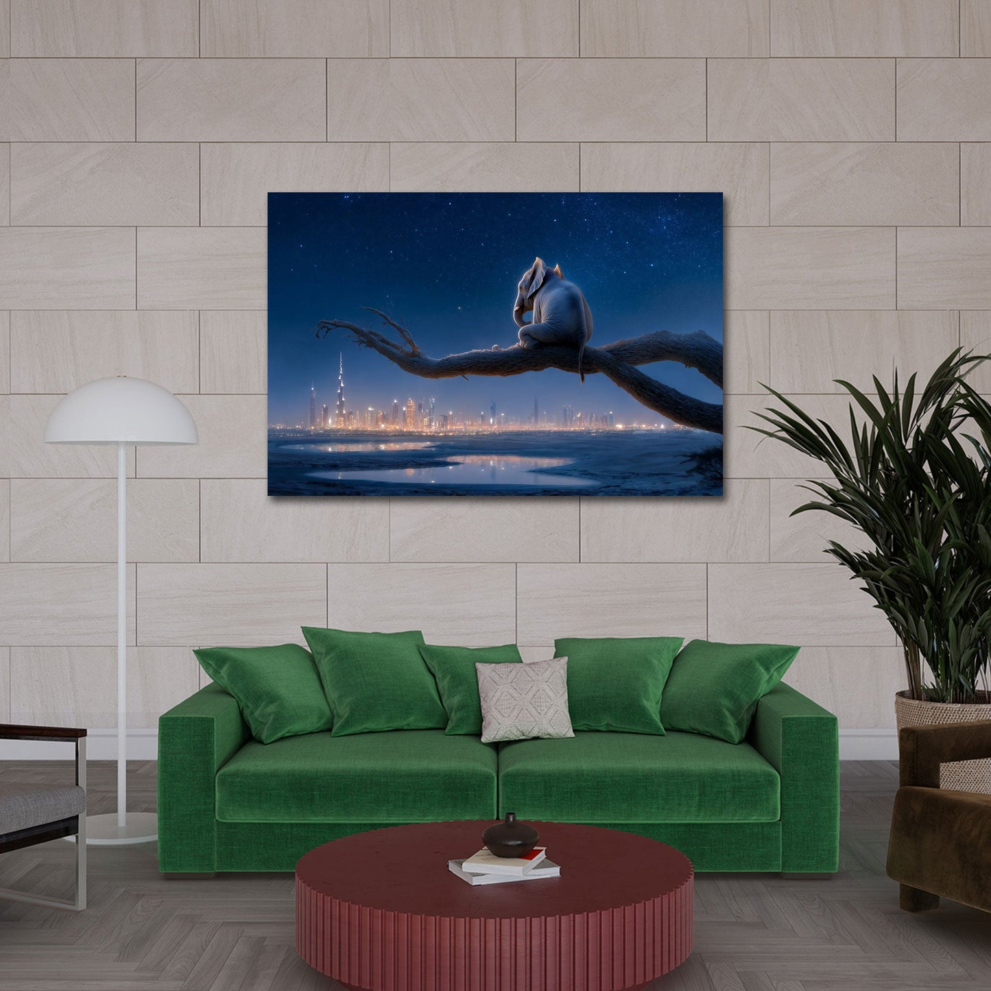 Elefant auf Ast blickt ueber leuchtende Skyline Wandbild