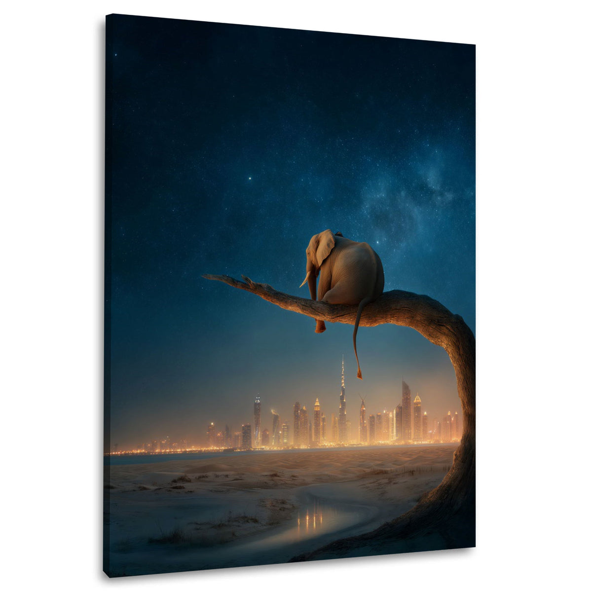 Elefant auf Ast mit goldenem Stadtpanorama Wandbild