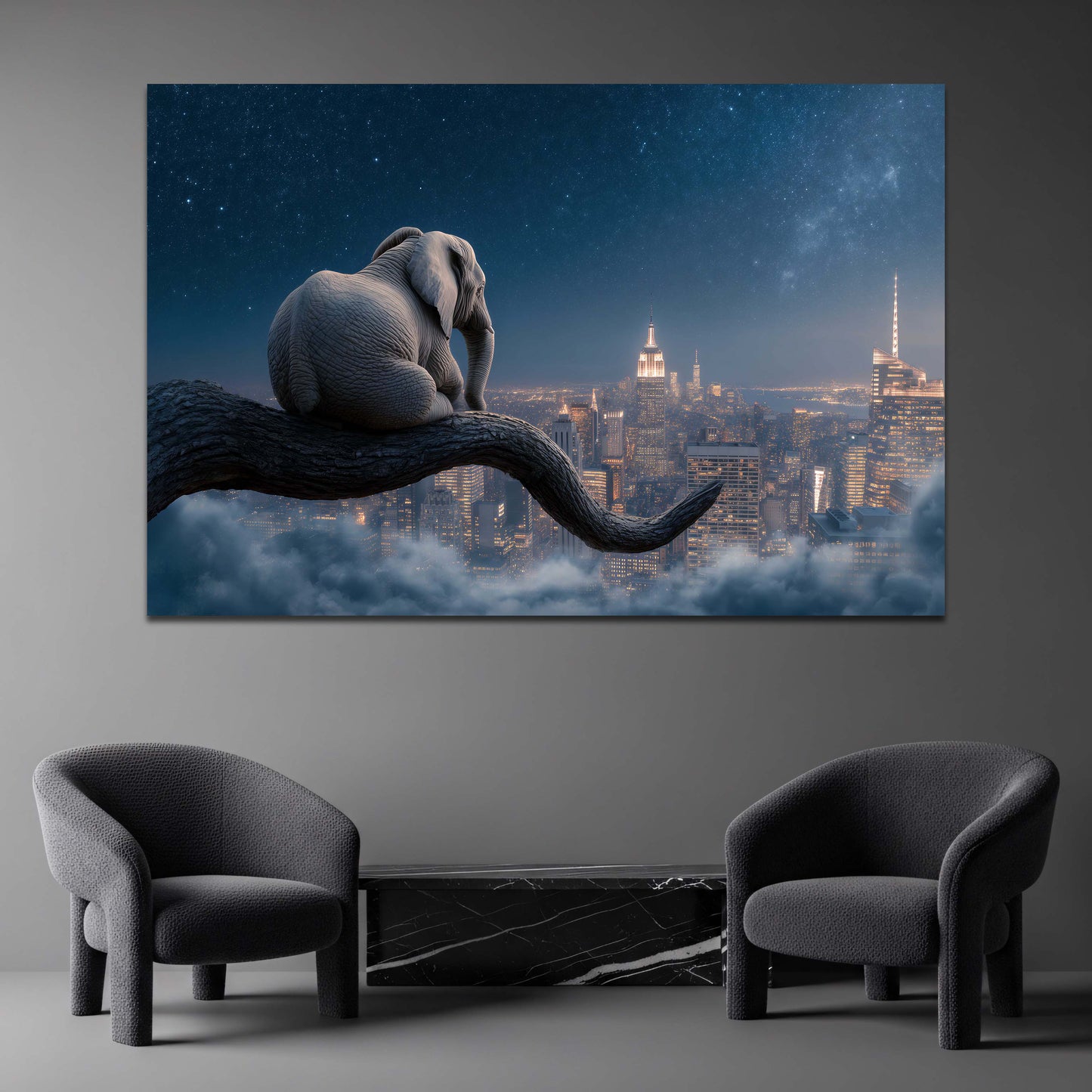 Elefant auf Ast über der Skyline von New York Wandbild