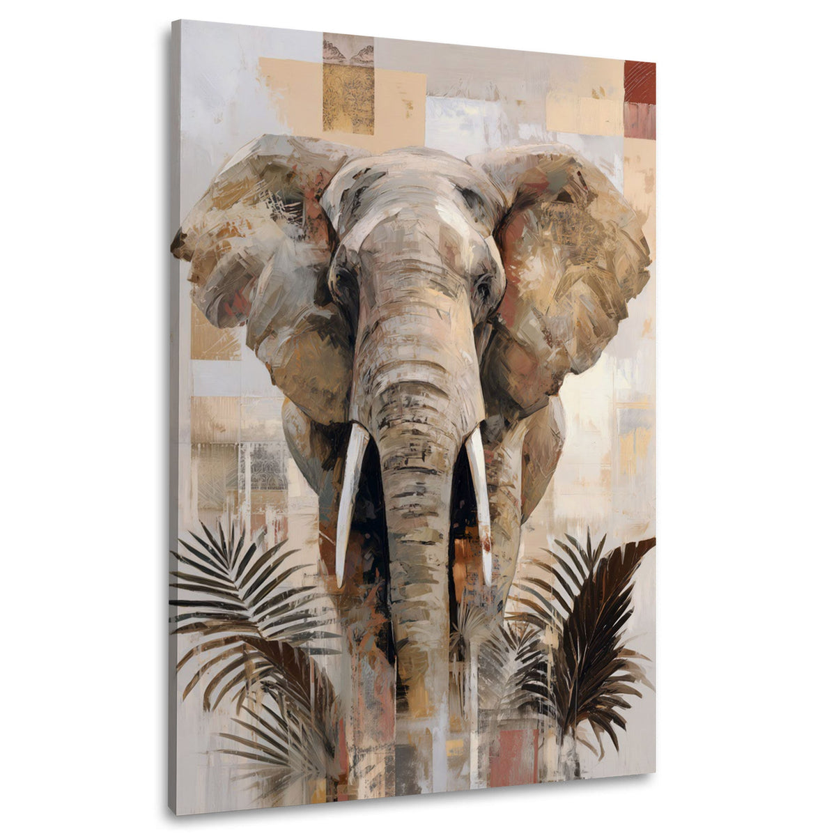 Elefant im Boho Stil mit Palmen und Beige Wandbild im Hochformat