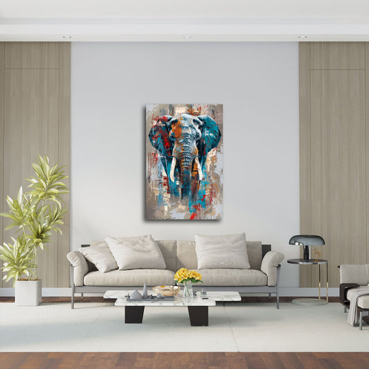 Abstraktes Elefanten Wandbild über einem Sofa im Wohnraum