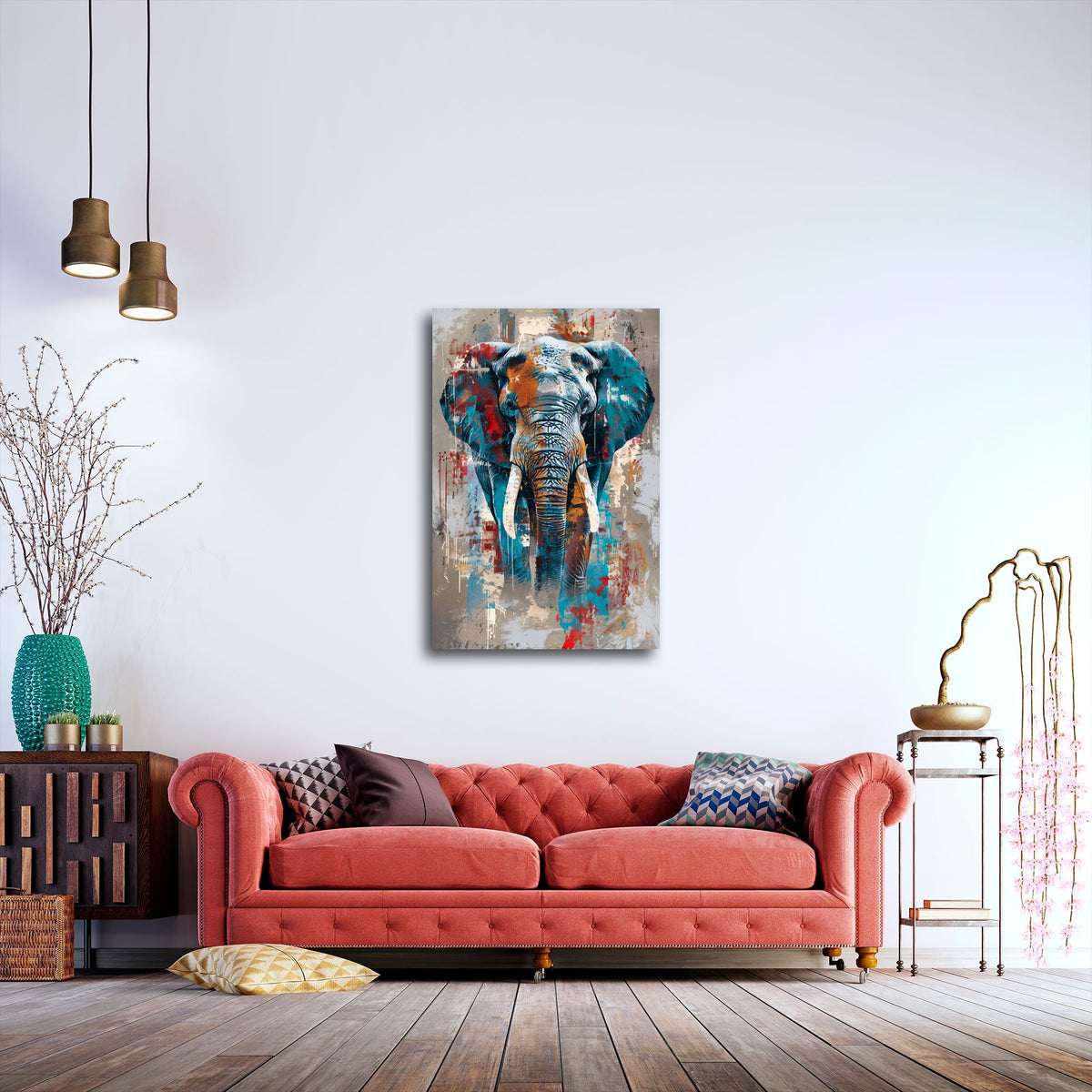 Elefanten Wandbild im Hochformat an einer Wohnraumwand