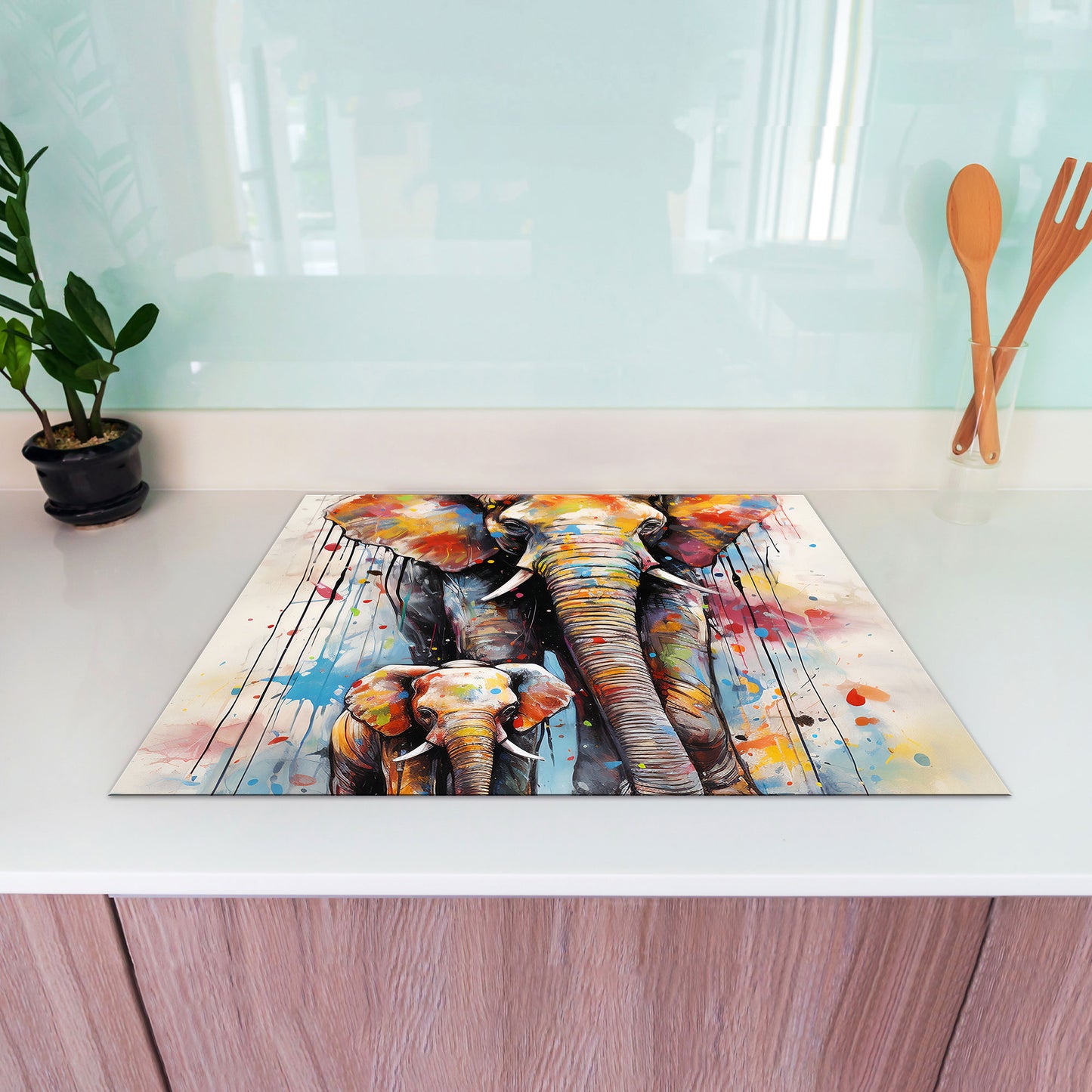 Elefant mit Baby Pop Art Herdabdeckplatte Induktionsschutz für Ceranfeld & Küche Deko