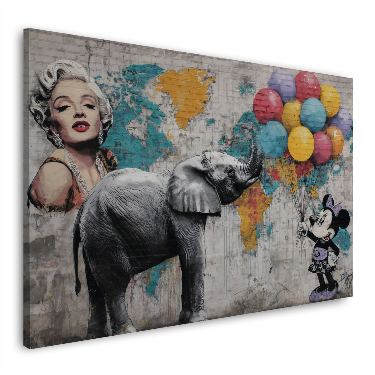 Elefant mit Ballons, Marilyn und Comic Maus Street Art Wandbild