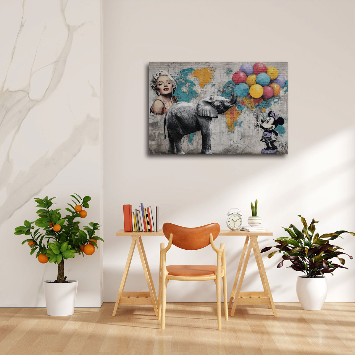 Elefant mit Ballons, Marilyn und Comic Maus Street Art Wandbild