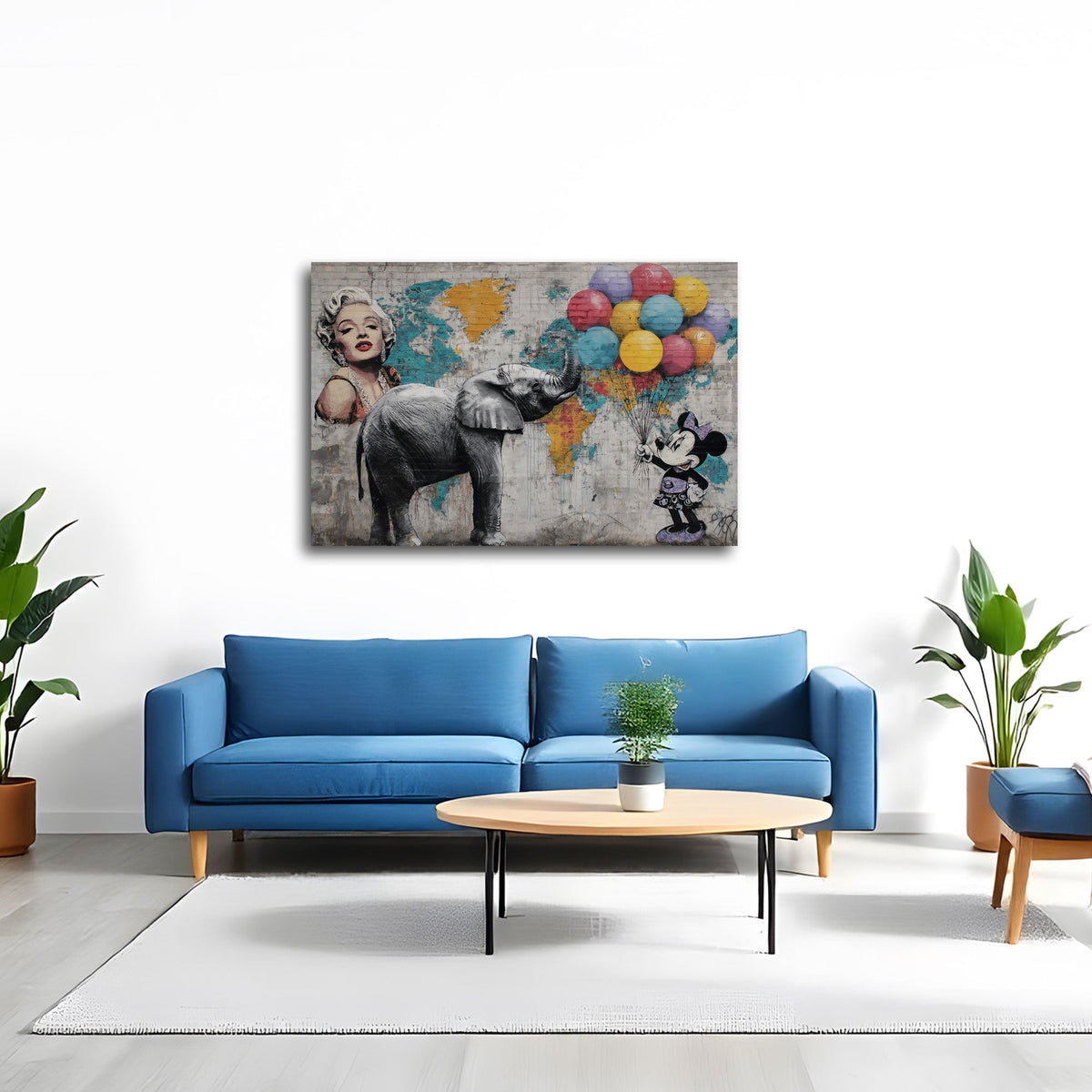 Elefant mit Ballons, Marilyn und Comic Maus Street Art Wandbild