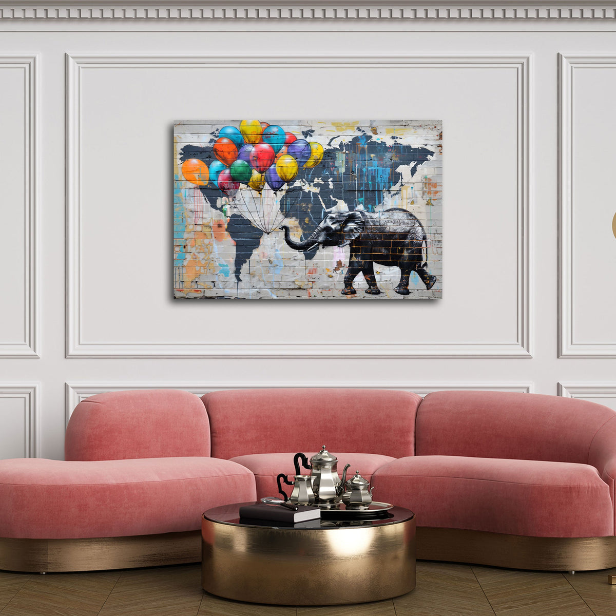 Elefant mit Ballons vor Weltkarte als Street Art Wandbild
