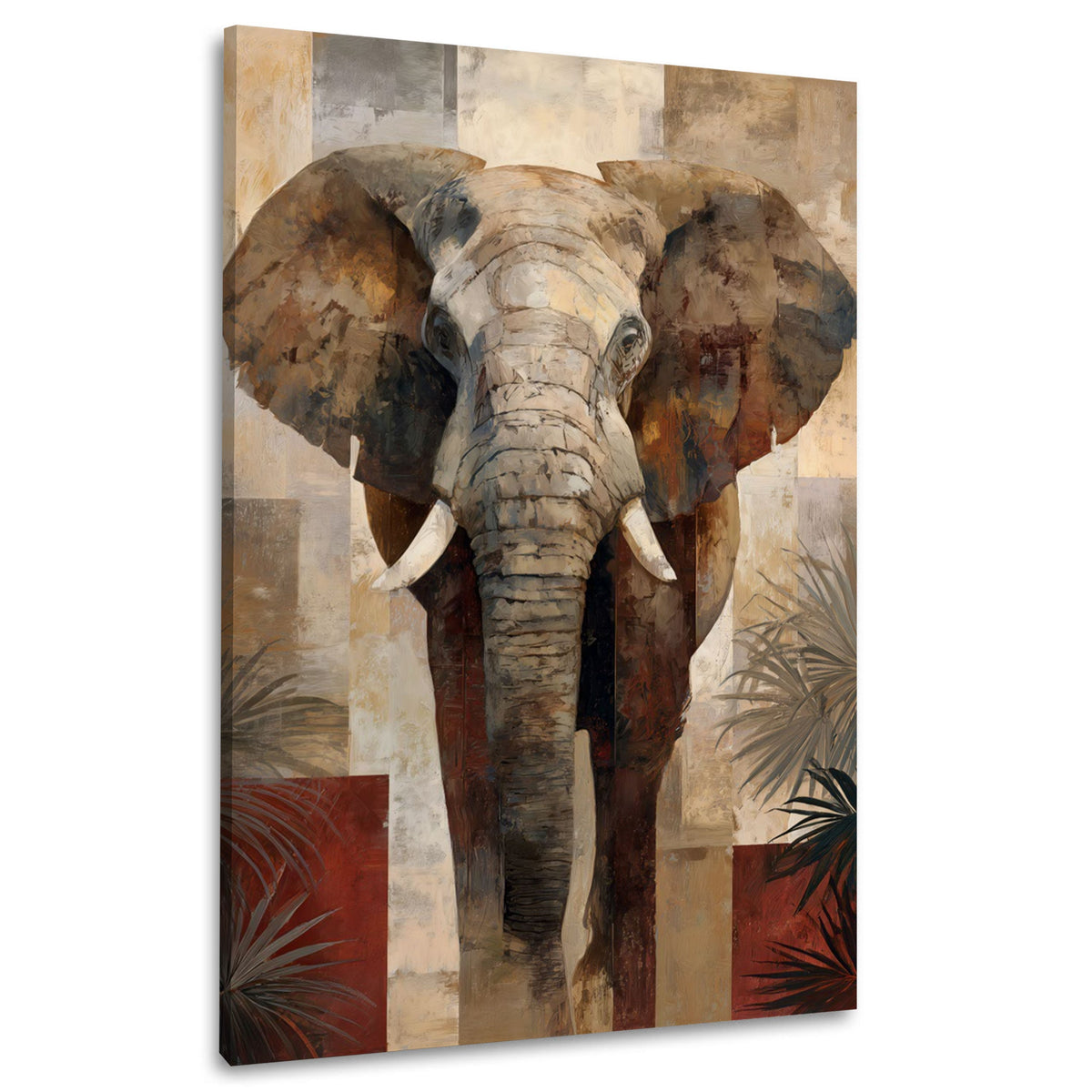 Elefant mit Blattmotiven in Erdtönen – Wandbild