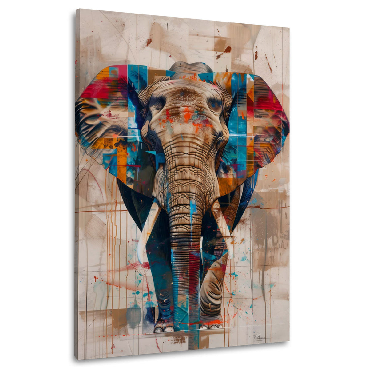 Elefant mit geometrischen Farbflächen modern Wandbild im Hochformat