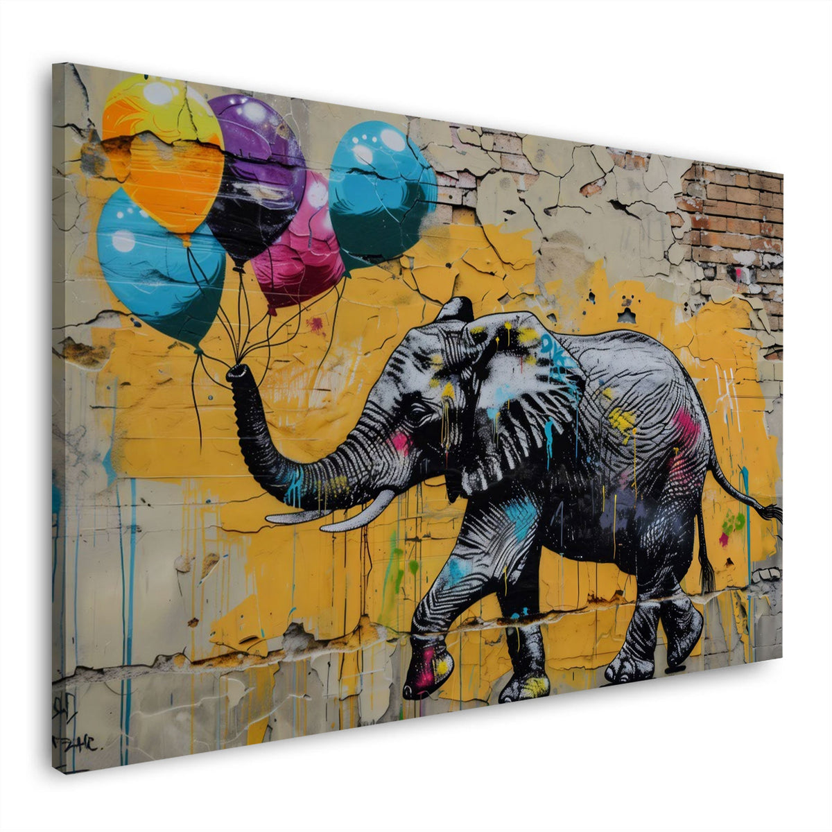 Elefant mit Luftballons vor gelber Wand Street Art Wandbild