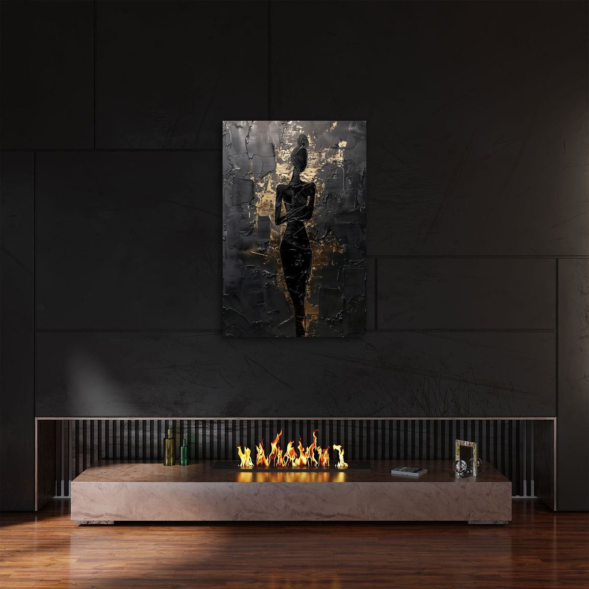 Abstraktes Wandbild im Hochformat an einer Wohnraumwand