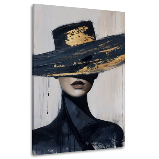 Elegante Frau schwarzer Hut Gold expressiv Wandbild