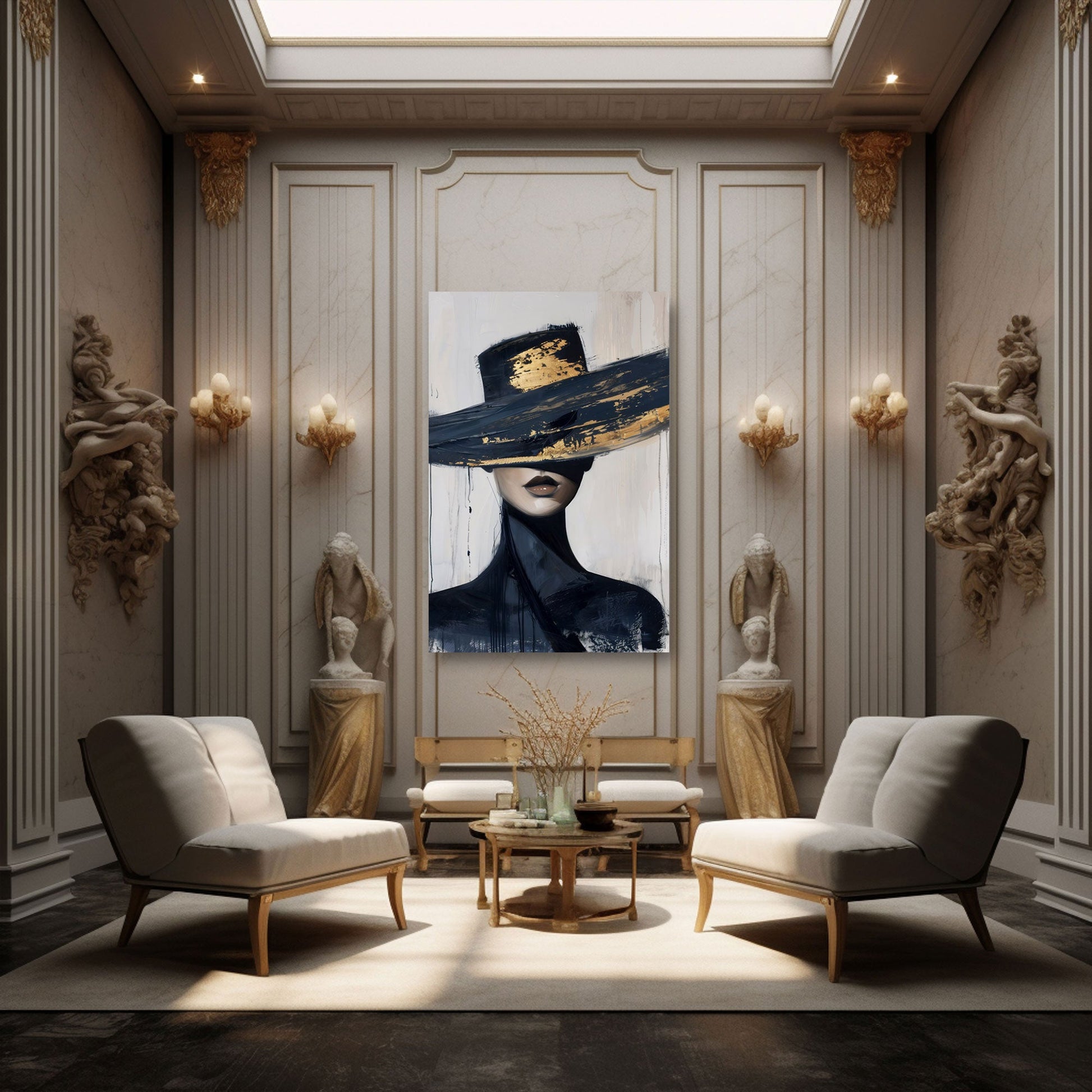 Elegante Frau schwarzer Hut Gold expressiv Wandbild