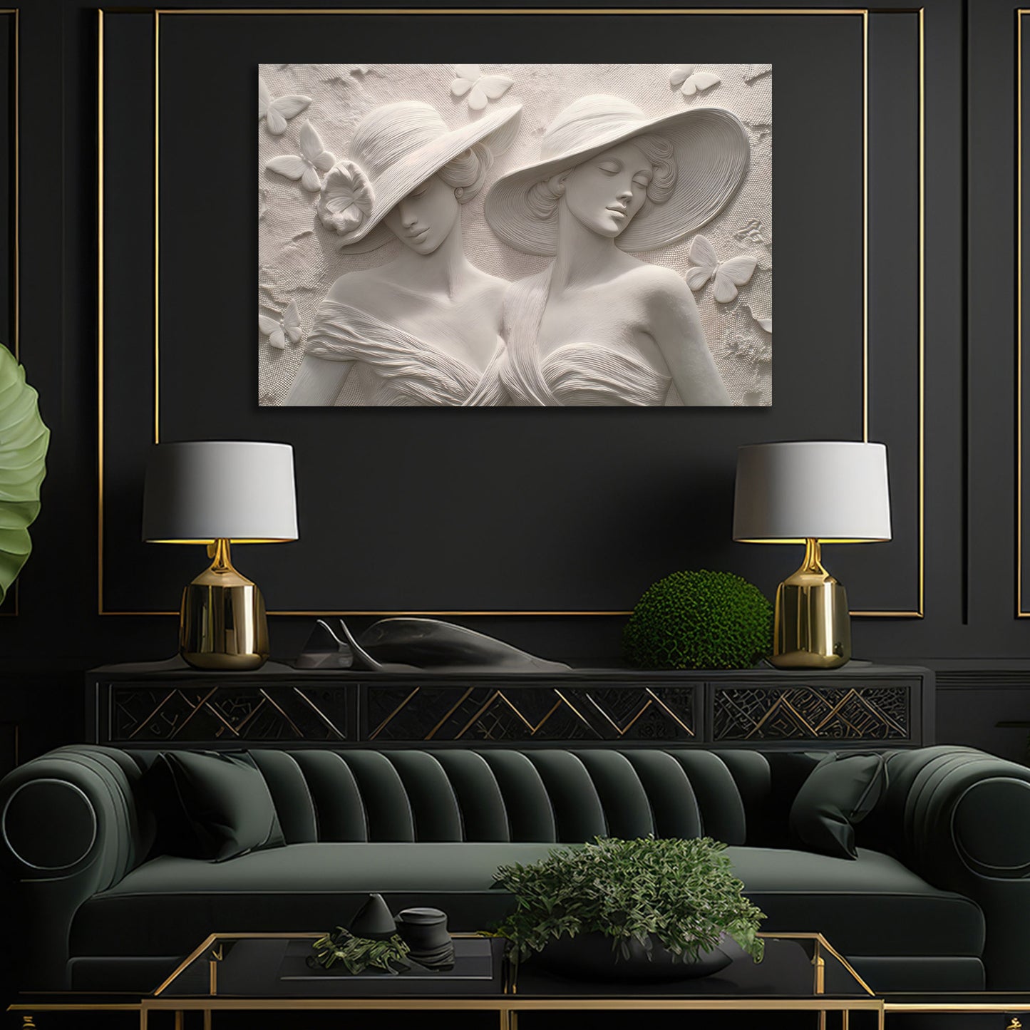 Elegante Frauen mit Hüten Schmetterlinge Relief Wandbild