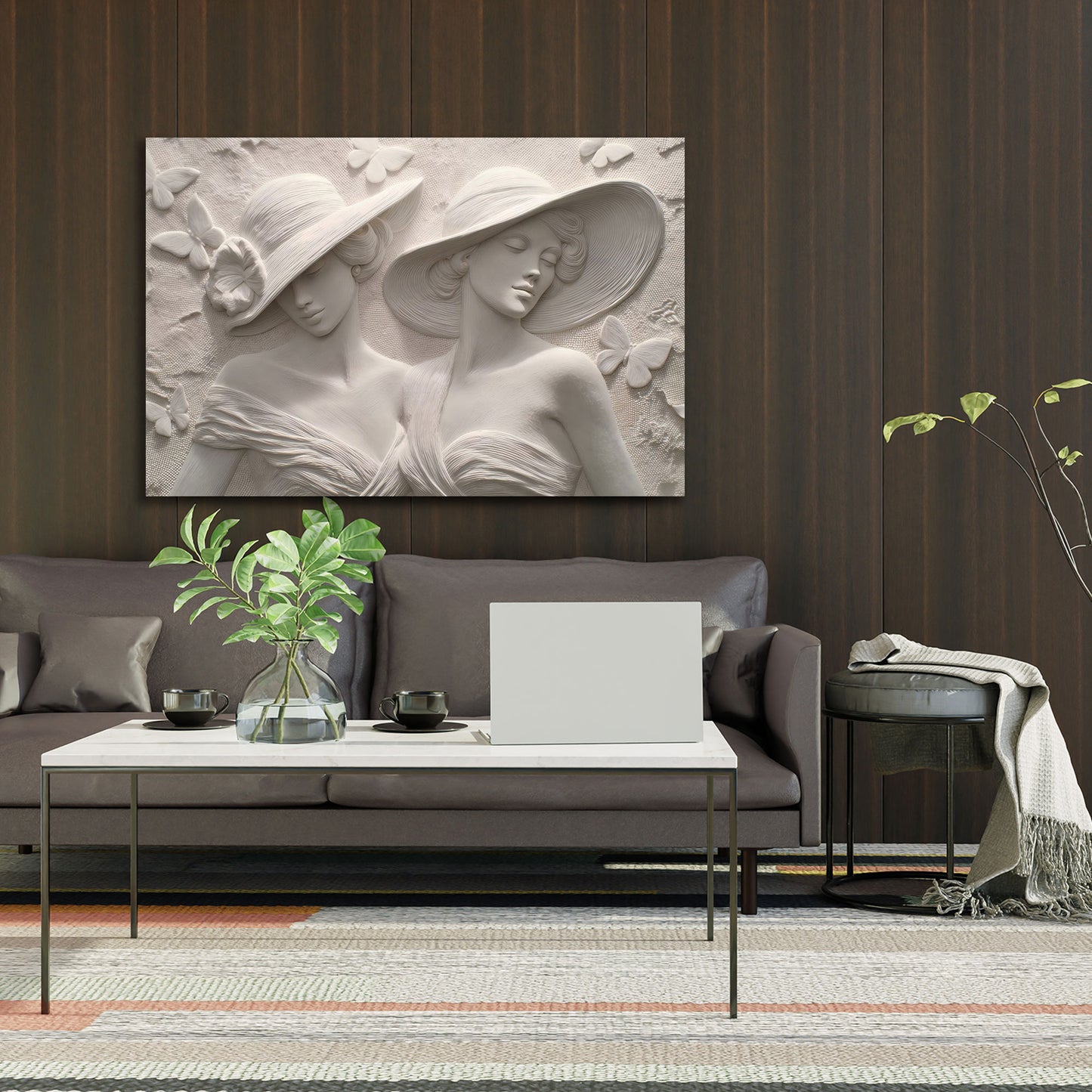 Elegante Frauen mit Hüten Schmetterlinge Relief Wandbild
