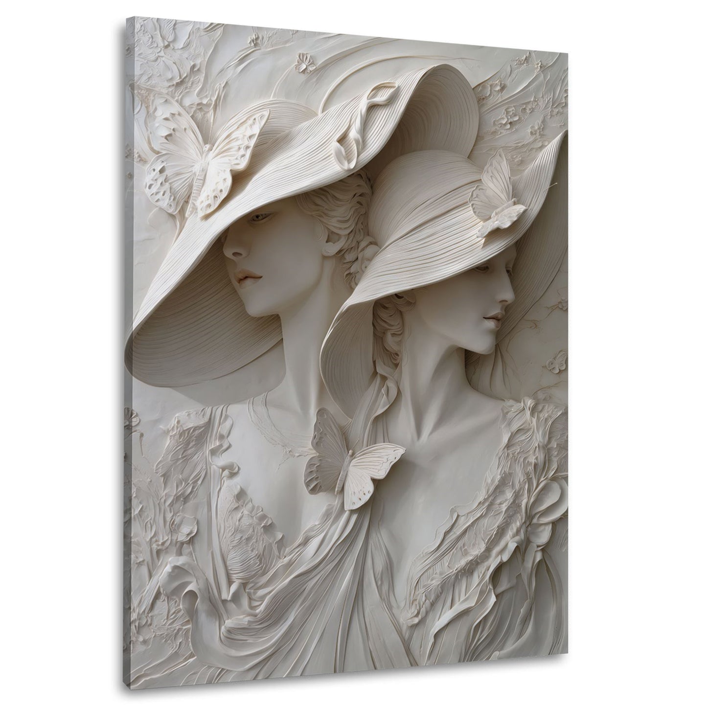 Elegante Frauen Skulptur mit Hüten Schmetterlinge Relief Wandbild