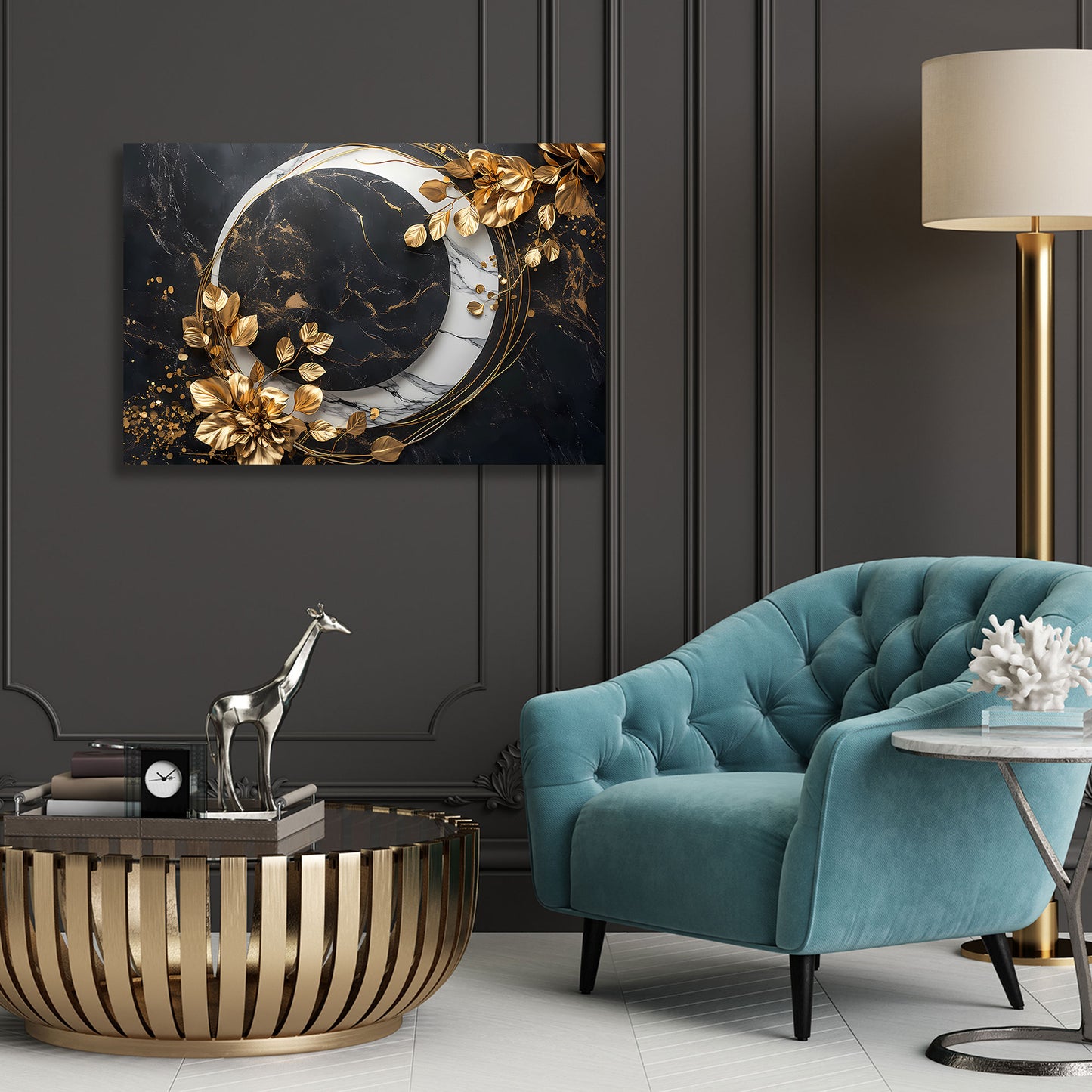 Elegante Marmoroptik mit goldenen Blüten Wandbild