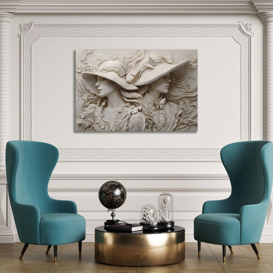 Elegante Skulptur von Frauen mit Hüten und Schmetterlingen Wandbild