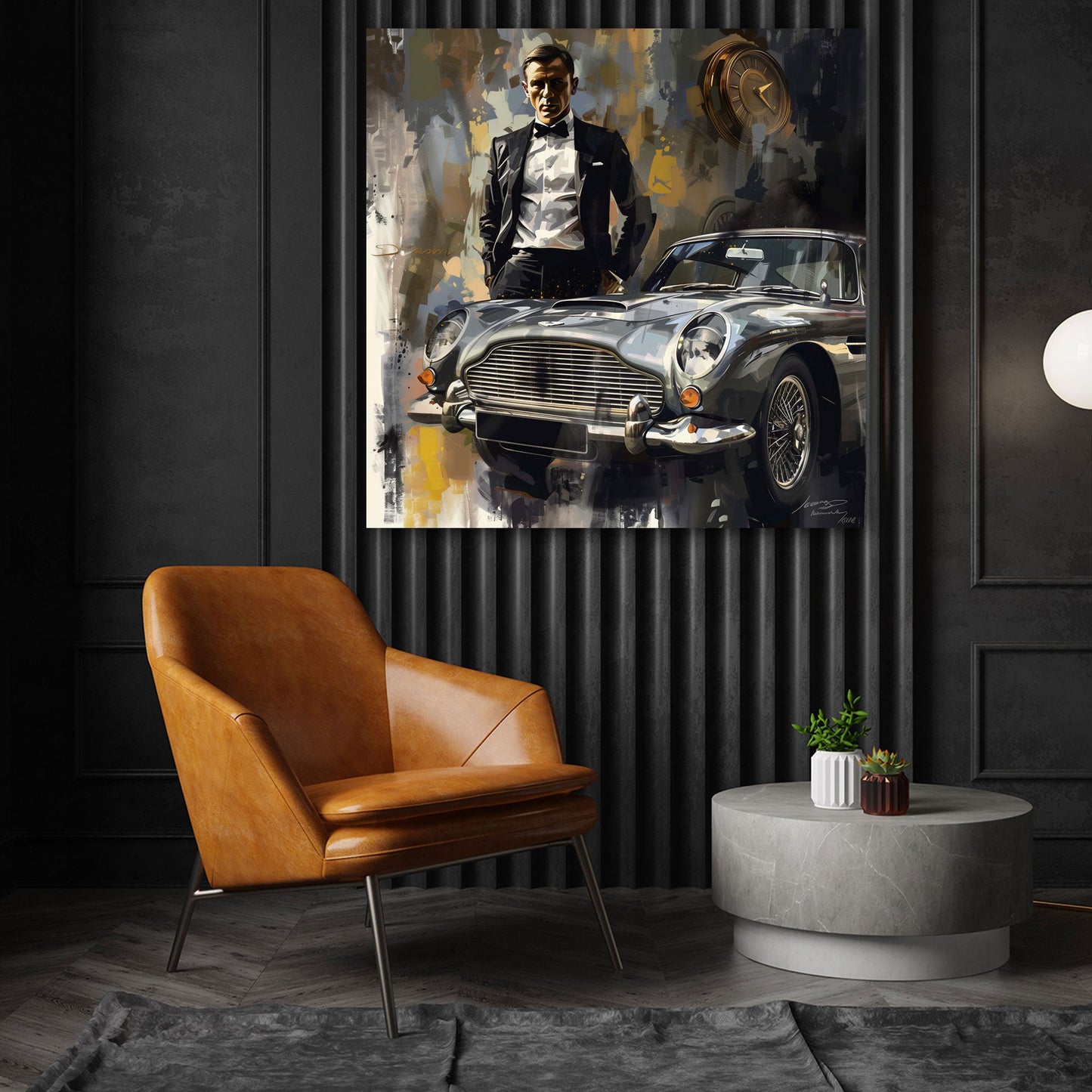 Eleganter Agent im Bond-Stil mit modernem Oldtimer Wandbild