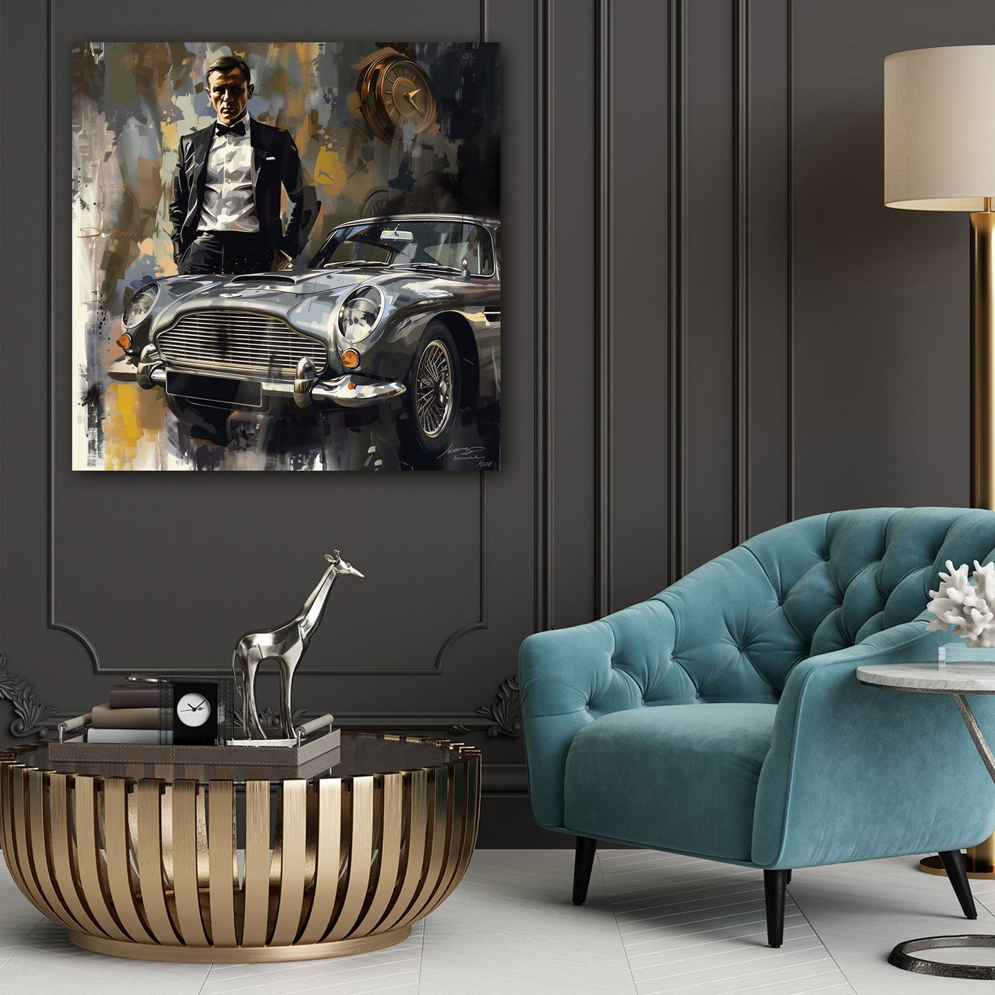 Eleganter Agent im Bond-Stil mit modernem Oldtimer Wandbild