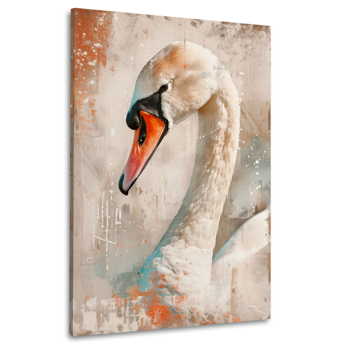 Eleganter weißer Schwan mit Farbspuren Wandbild im Hochformat