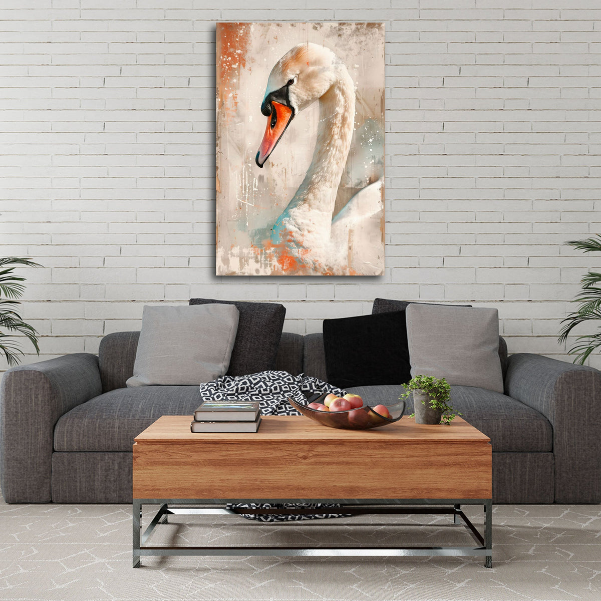 Schwan Wandbild über einem Sofa im Wohnraum