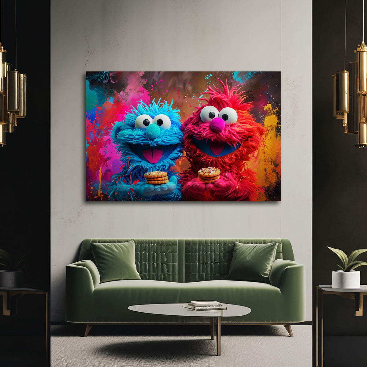 Elmo und Cookie mit Keksen vor bunter Graffiti Wand Wandbild