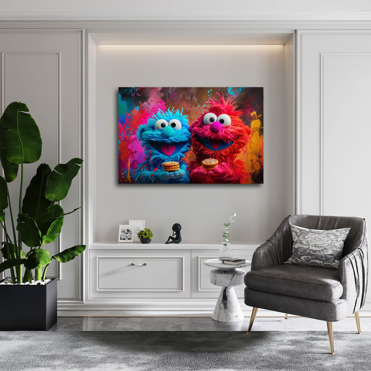 Elmo und Cookie mit Keksen vor bunter Graffiti Wand Wandbild