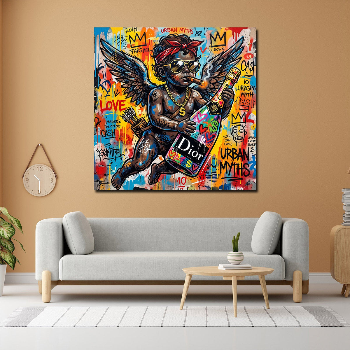 Engel mit Flasche Love Pop Art Wandbild im Wohnzimmer