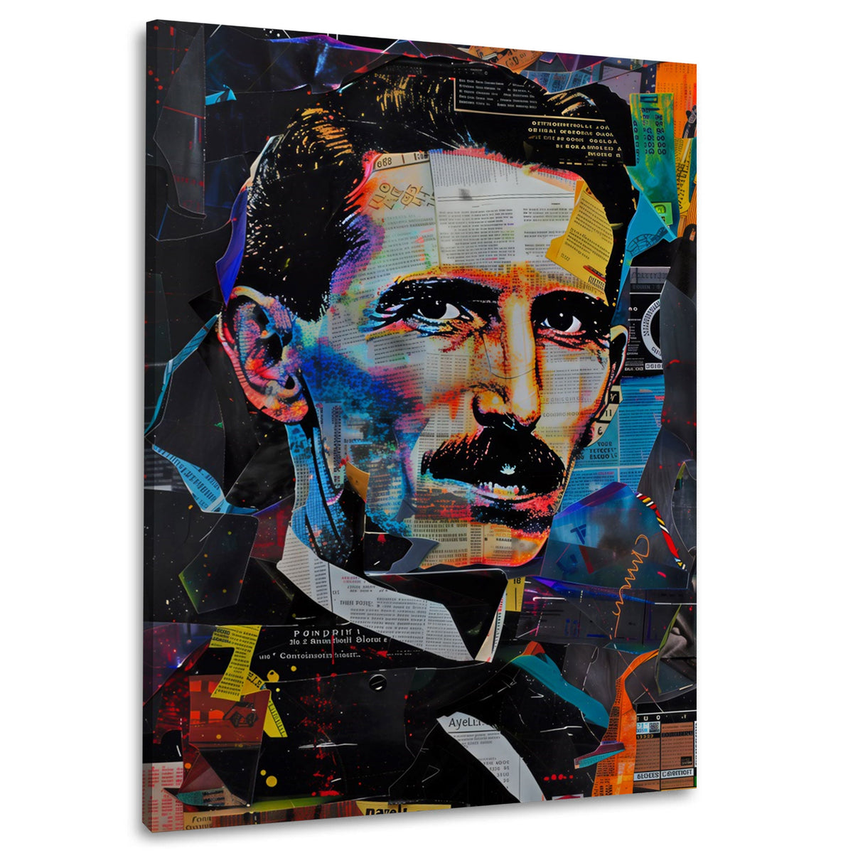 Erfinder Porträt als bunte Collage Wandbild im Hochformat
