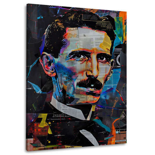 Erfinder Porträt als bunte Collage Wandbild im Hochformat