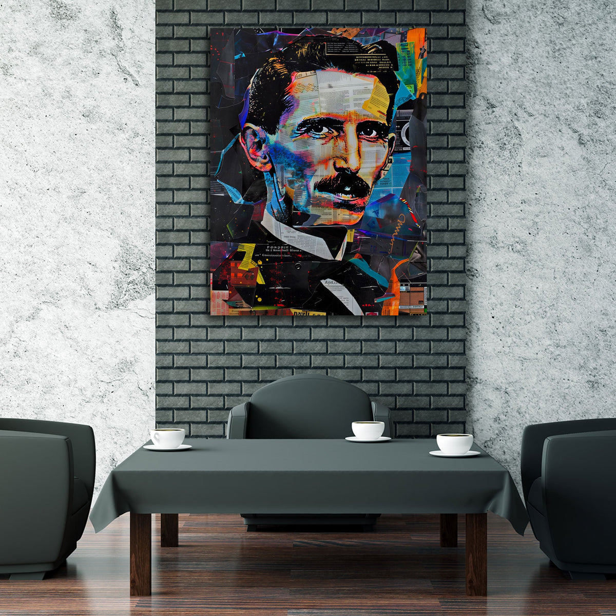 Pop Art Collage Wandbild über einem Sofa im Wohnraum