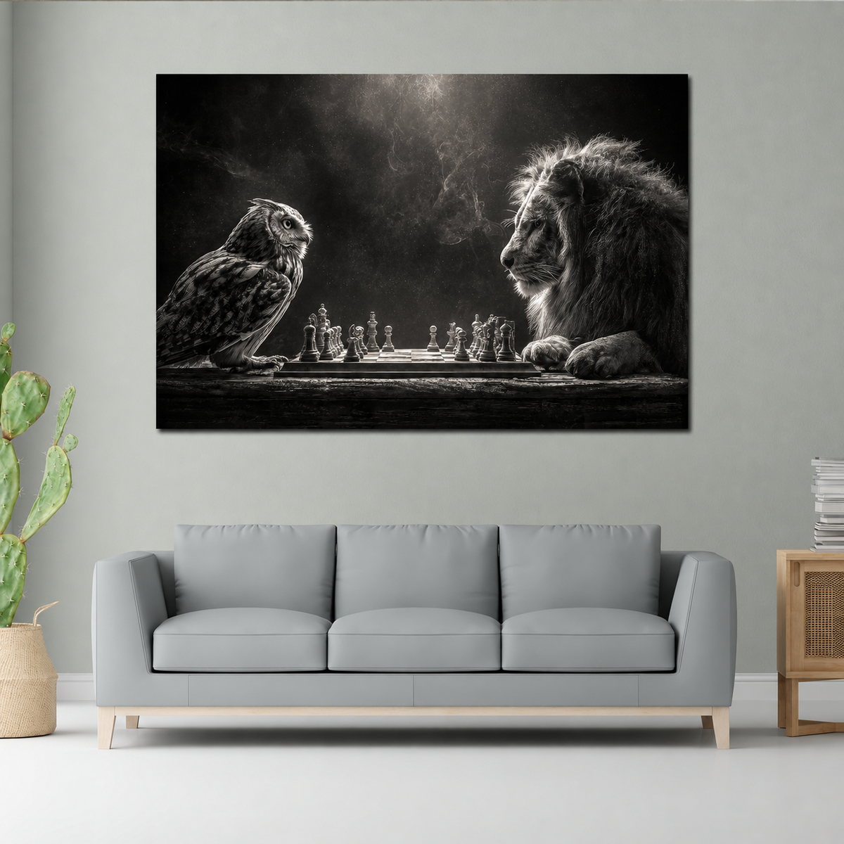 Eule und Löwe Schachbrett Wandbild über dem Sofa im Wohnzimmer