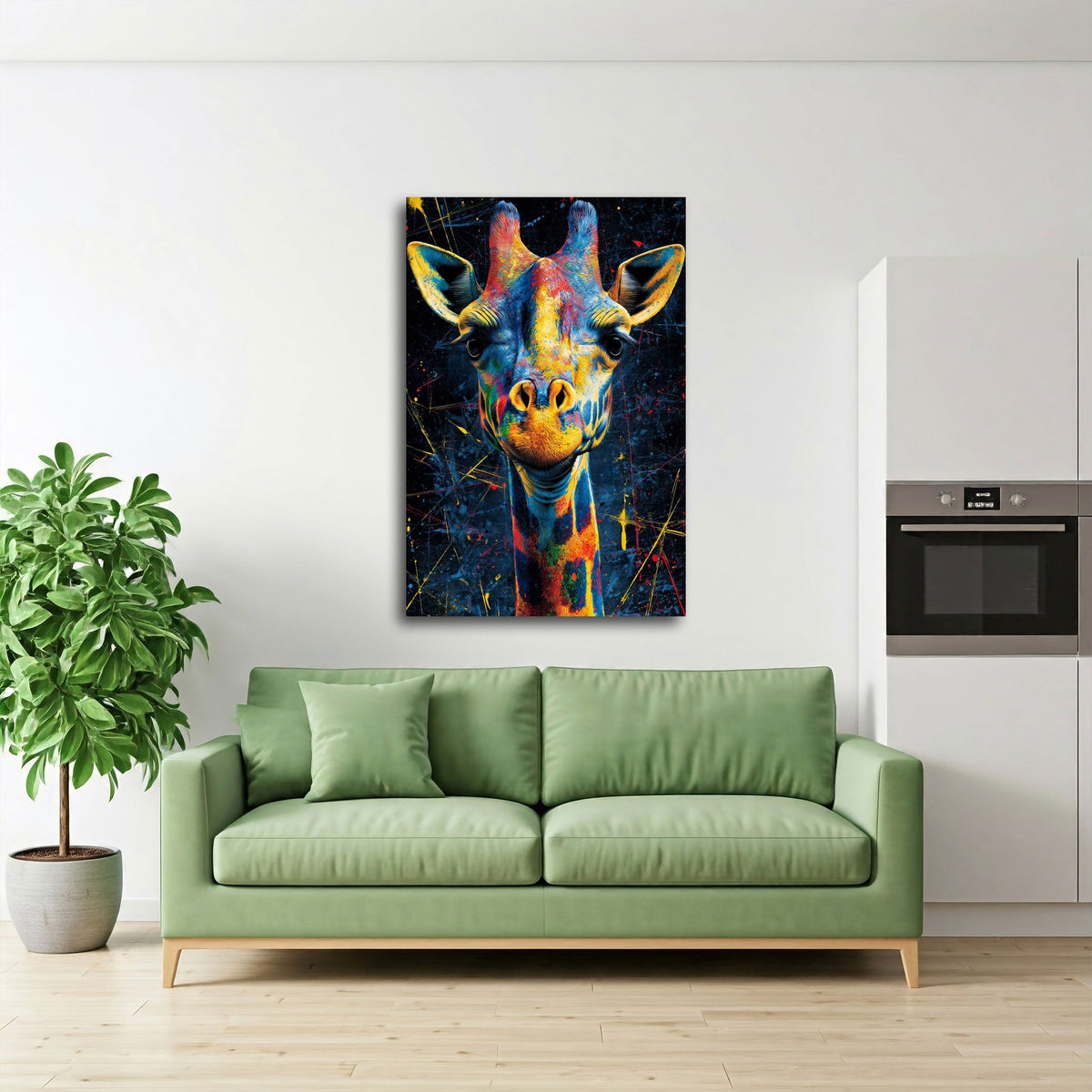 Giraffen Wandbild über einem Sofa im Wohnraum