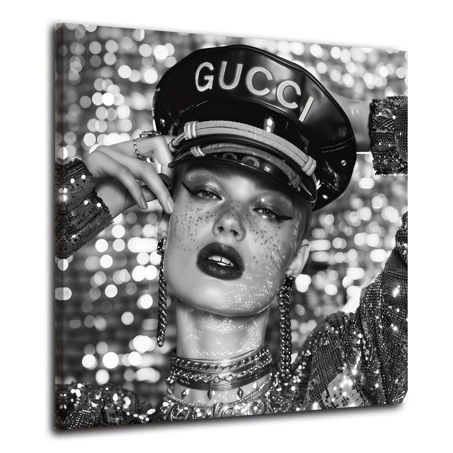 Fashion Frau Porträt Glitzer Look Luxus schwarz weiß Wandbild