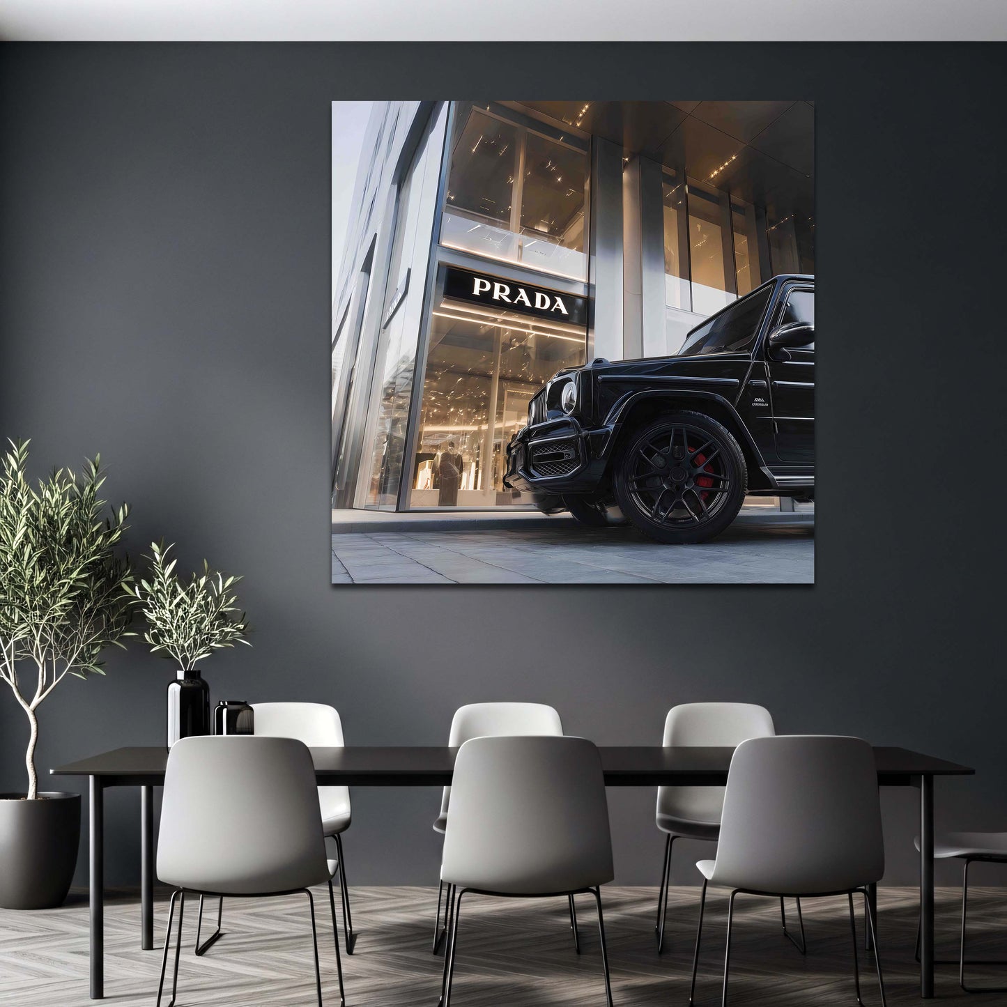 Fashion Store und Luxus Auto G-Klasse auf modernem Wandbild