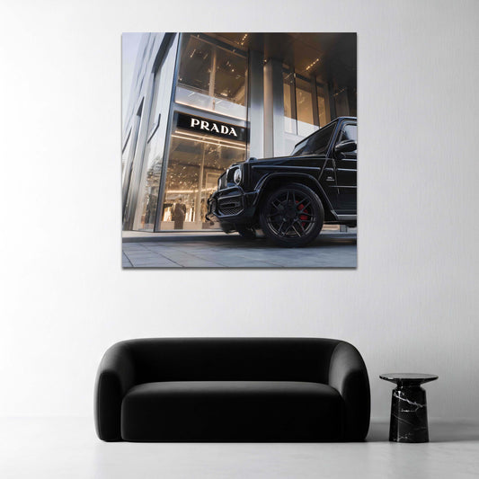Fashion Store und Luxus Auto G-Klasse auf modernem Wandbild