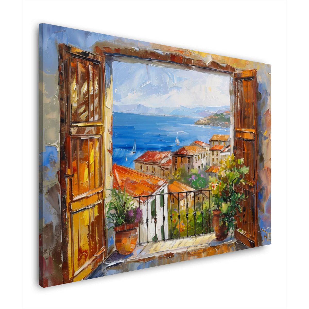 Fenster mit Blick auf Küste und rote Dächer Wandbild im Querformat