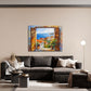 Mediterranes Fenster Wandbild mit Küstenblick über einem Sofa im Wohnraum