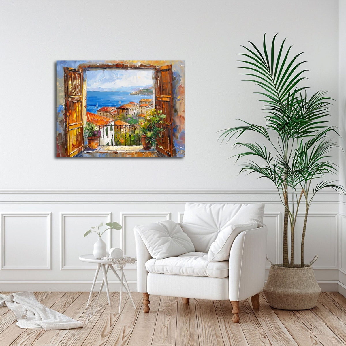 Wandbild mit Küstenblick im Querformat an einer Wohnraumwand