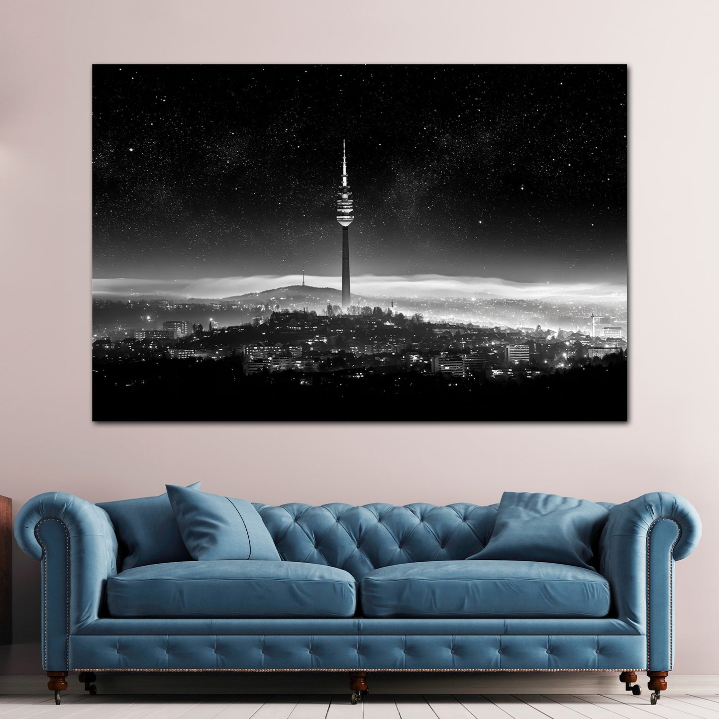 Fernsehturm Stuttgart Nachtpanorama Sterne schwarz weiß Wandbild