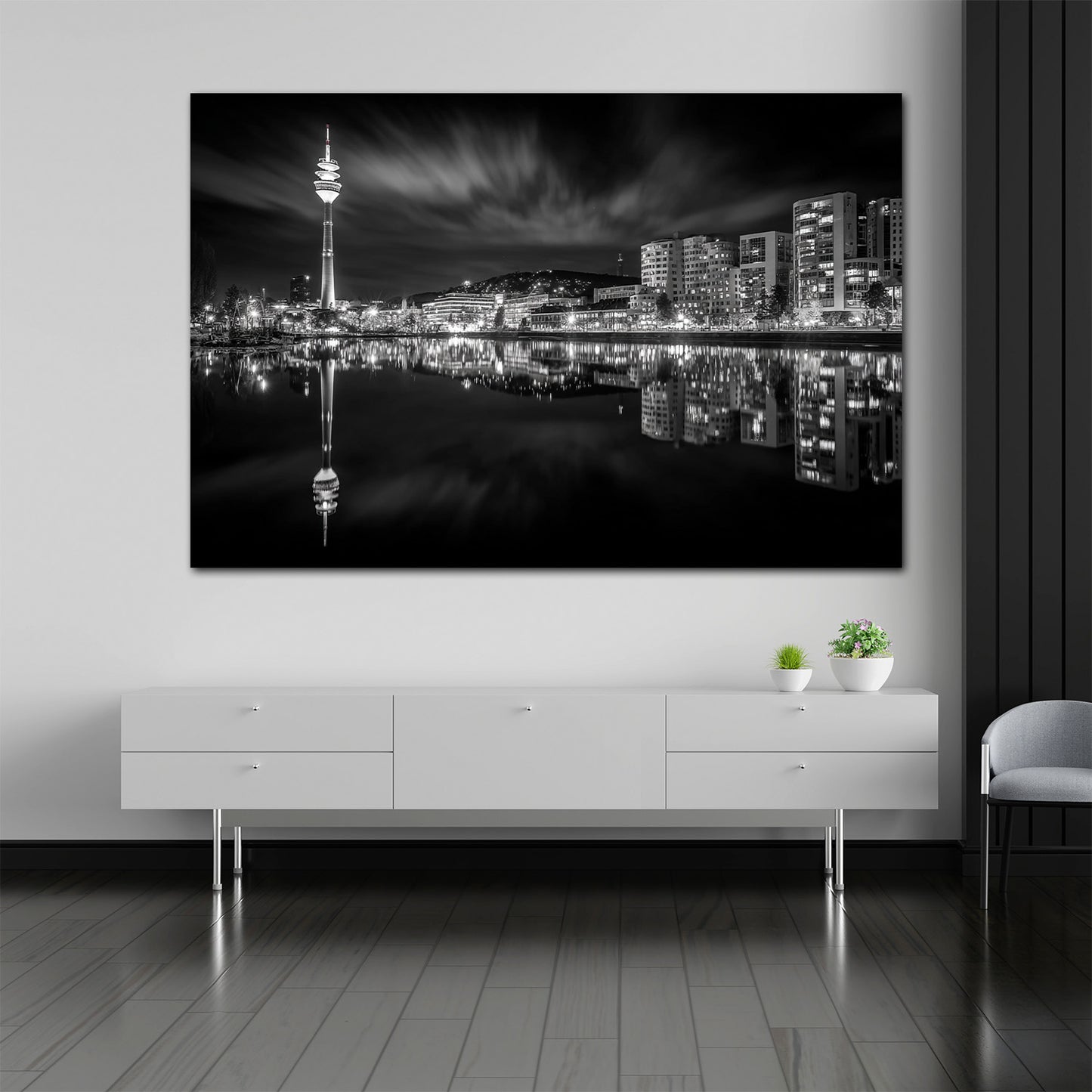 Fernsehturm Stuttgart Stadtblick Spiegelung schwarz weiß Wandbild