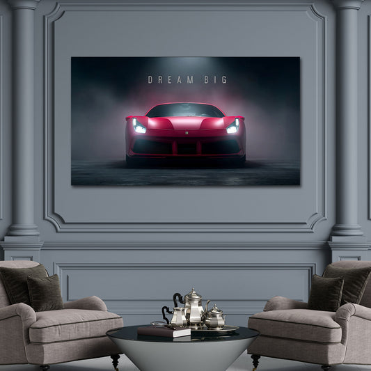 Ferrari Sportwagen in Rot Front mit Nebel Motivation Wandbild