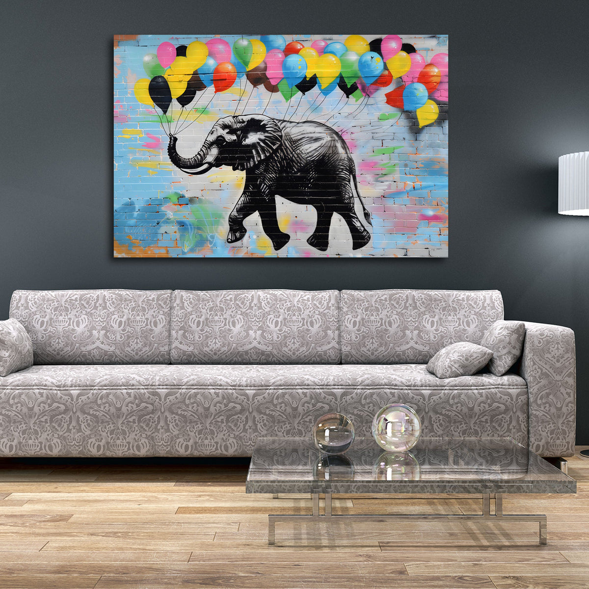 Elefant mit bunten Luftballons auf Ziegelwand Wandbild
