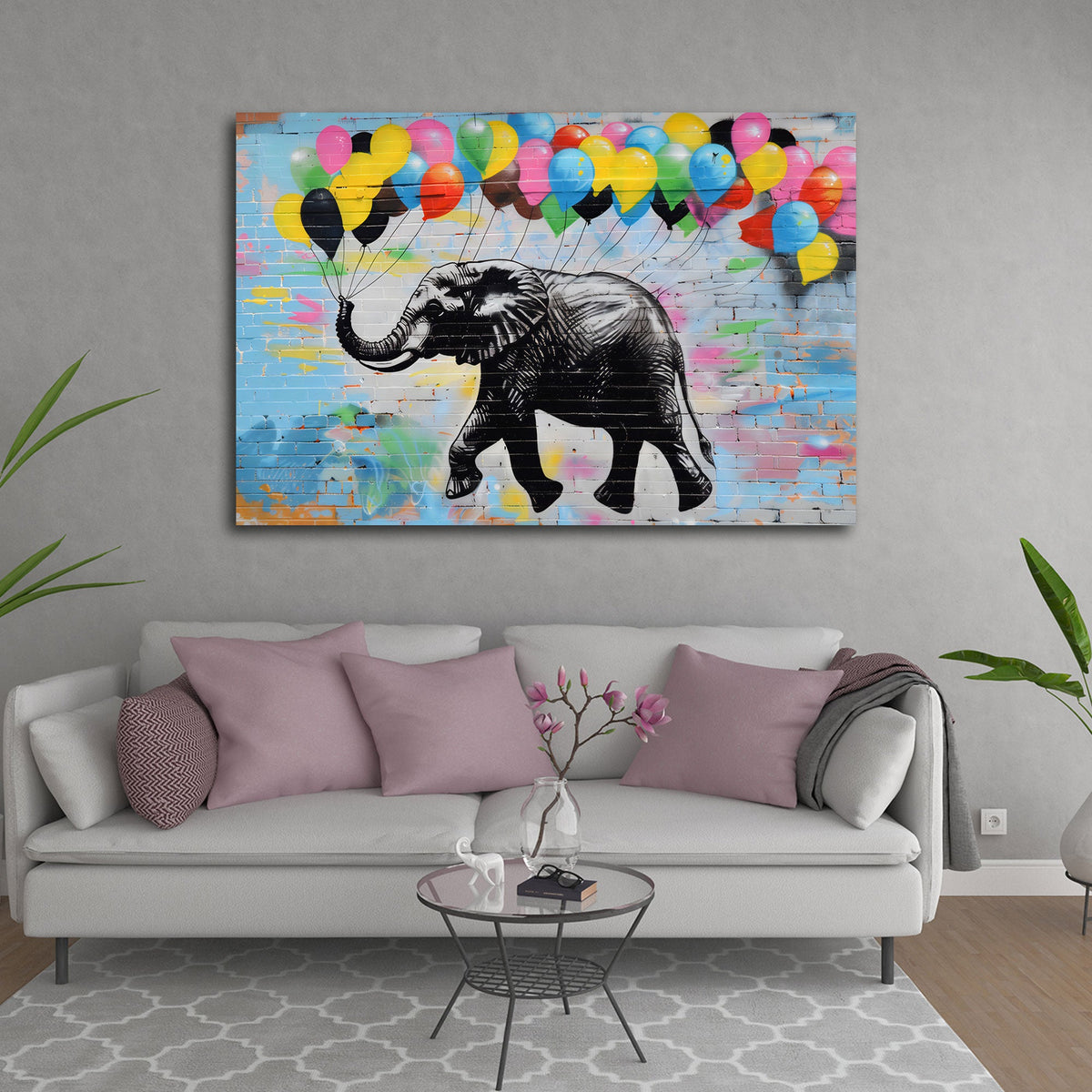 Elefant mit bunten Luftballons auf Ziegelwand Wandbild