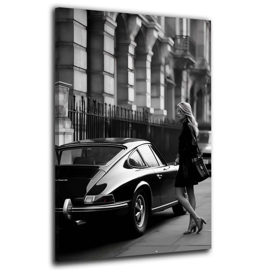 Fotografie Oldtimer Frau stilvoll schwarz weiß Wandbild