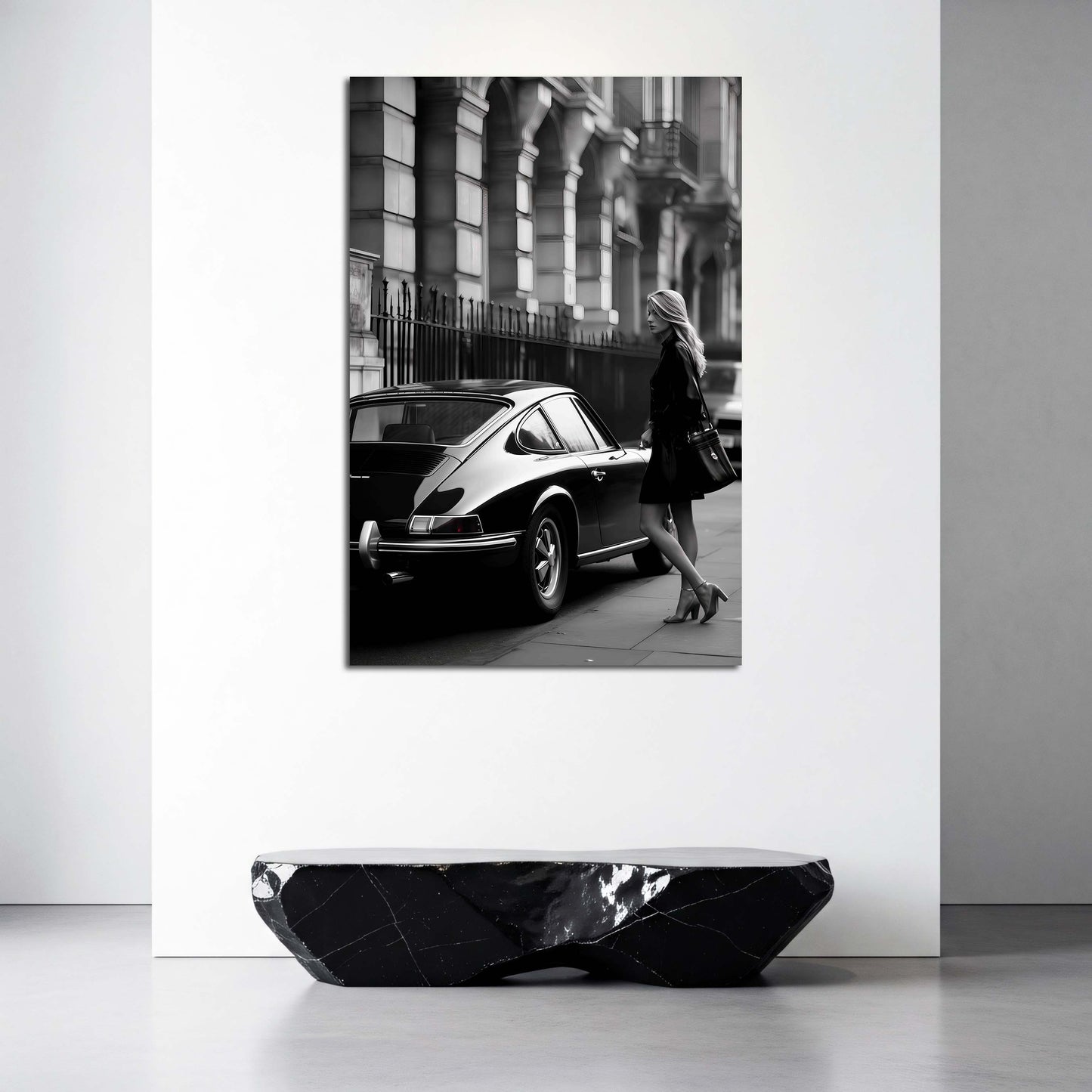 Fotografie Oldtimer Frau stilvoll schwarz weiß Wandbild